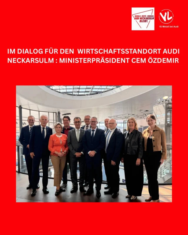 Die Sicherung der Zukunftsperspektive für die Mitarbeitenden am Standort ist eine gemeinsame Aufgabe. Betriebsrat, Politik, Kommunen und das Unternehmen stehen deshalb im intensiven Austausch. 🤝

Heute war die politische Spitze Baden-Württembergs um Ministerpräsident Cem Özdemir und Wirtschaftsministerin Nicole Hoffmann-Kraut zu einem Gesprächstermin im Werk Neckarsulm. Mit vor Ort waren Barbara Resch, Bezirksleiterin der IG Metall und Yvonne Möller als Erste Bevollmächtigte.

Dabei ging es natürlich um die Herausforderungen, aber auch um die Stärken und Potenziale von Audi Neckarsulm. Für uns bringt der Standort alles mit, um auch zukünftig eine starke Rolle im Konzern zu übernehmen. 💪#igmetall #cemözdemir#igmetallbadenwürttemberg#politik
