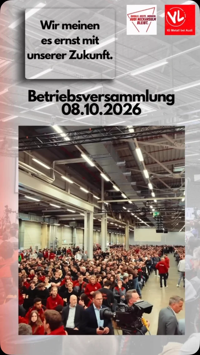 Gemeinsam für Neckarsulm. Gemeinsam für die Zukunft. 🔴⚪

Bei der dritten Betriebsversammlung im Audi Werk Neckarsulm machten Betriebsrat und Belegschaft vor ca. 5000 Kolleginnen und Kollegen deutlich: Wir stehen geschlossen für unseren Standort ein. 

Neben der notwendigen Arbeit an den Kosten braucht Neckarsulm vor allem eine starke Zukunftsperspektive auf Basis seiner einzigartigen Kompetenzen in Innovation, Technischer Entwicklung, Fertigung sowie KI und Digitalisierung.

Botschaft des Tages: Neckarsulm hat die Audi DNA mitgeprägt und wird auch in Zukunft ein wichtiger Teil davon bleiben. 💪🚗

Damals. Heute. Morgen. 
Audi Neckarsulm bleibt. 

#AudiNeckarsulm #Betriebsversammlung #ZukunftGestalten #StandortNeckarsulm #Zusammenhalt Innovation Fertigungskompetenz AudiDNA WirSindNeckarsulm ZukunftBrauchtNeckarsulm